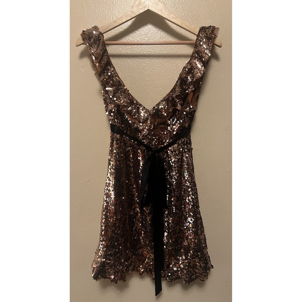 Anthropologie Free People Siren Sequin Mini Dress Lined Cocktail Party Bronze 4